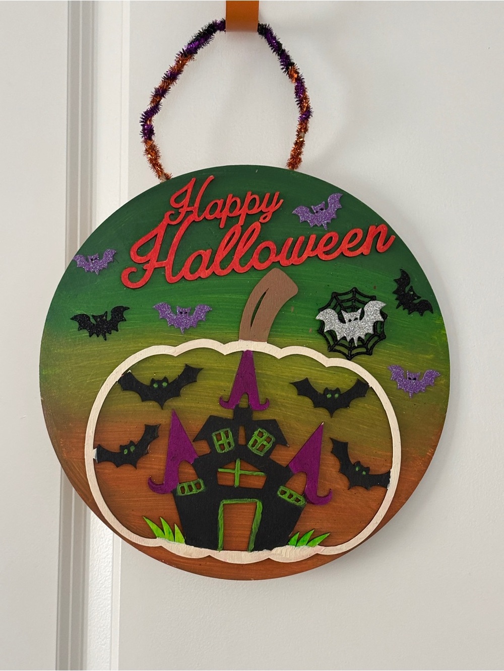 Happy Halloween Pumpkin Door Hanger - Green Orange Design